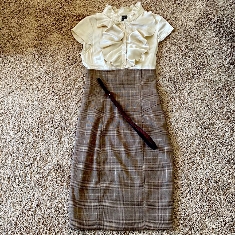 Brand:ABS Size:0 A women’s midi dress with a silk cream top and a brown skirt